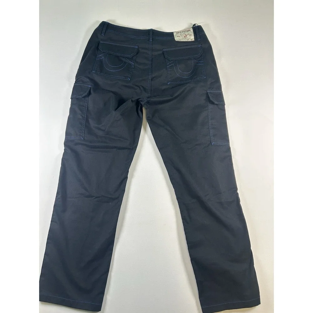 True Religion Men Baggy Cargo Pants 36 Black Blue Bold Stitch Utility Urban NWT